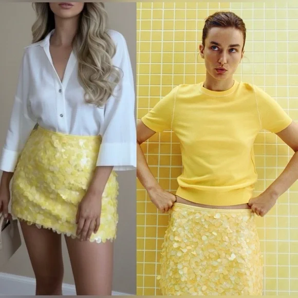 Zara Mini Sequin Skirt in Yellow - Picture 2 of 7